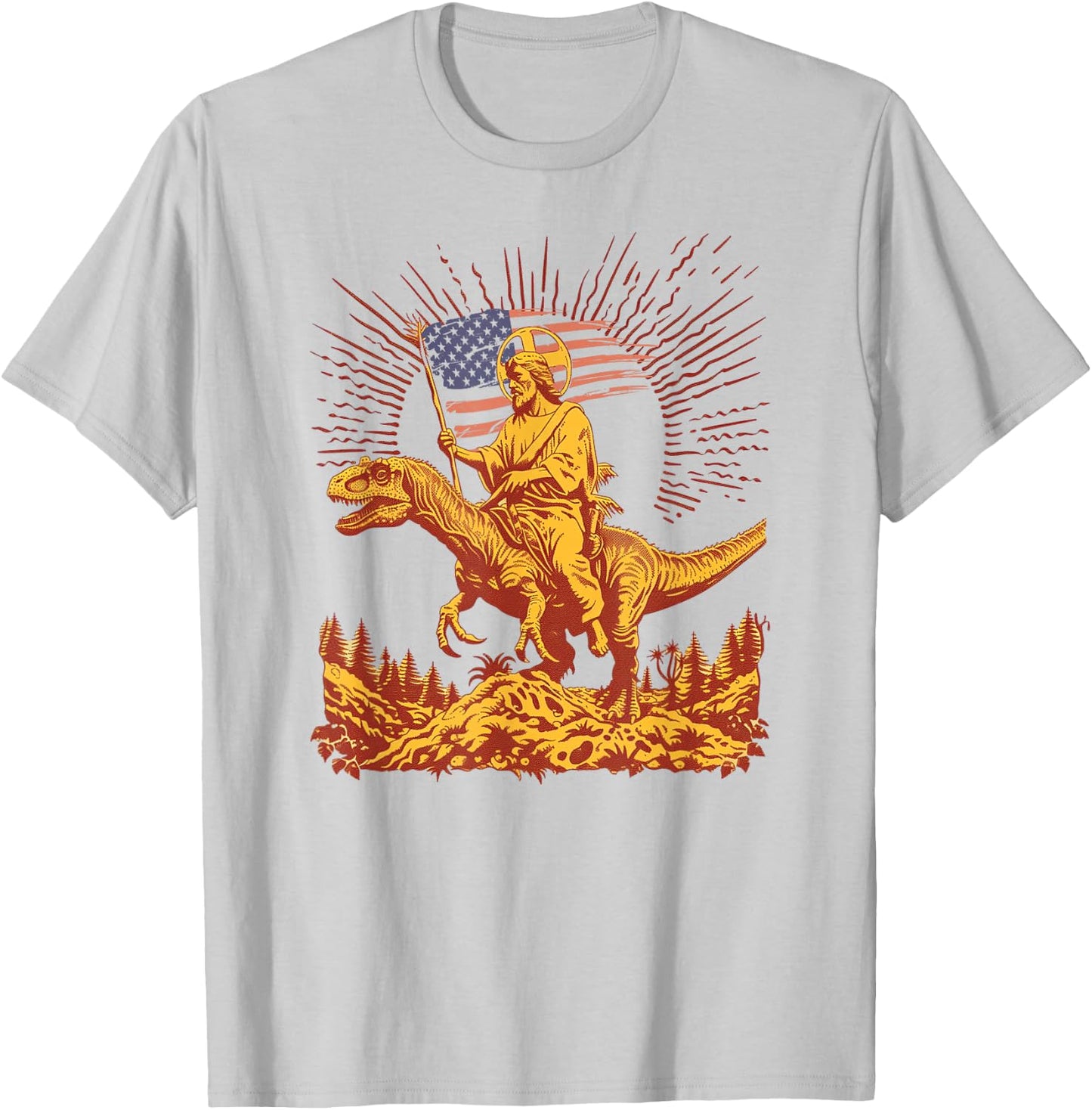 Jesus Riding Raptor Dinosaur USA Flag Funny Weird Patriotic T-Shirt - T-Shirt | Ash