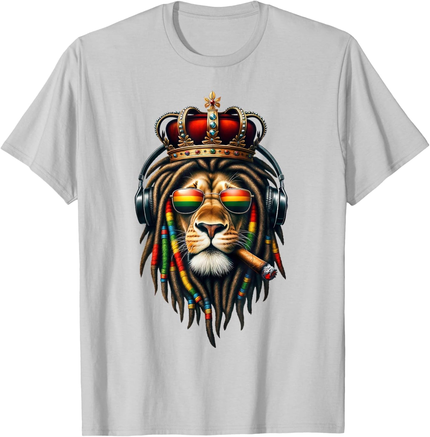 King Rasta Reggae Rastafarian Music Headphones Lion of Judah T-Shirt - T-Shirt | Ash