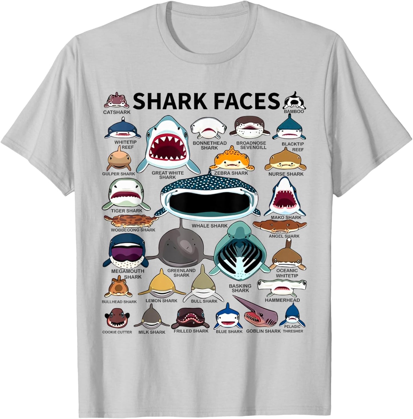 Shark Faces - Type of Shark - Shark Faces of All Kinds T-Shirt - T-Shirt | Ash
