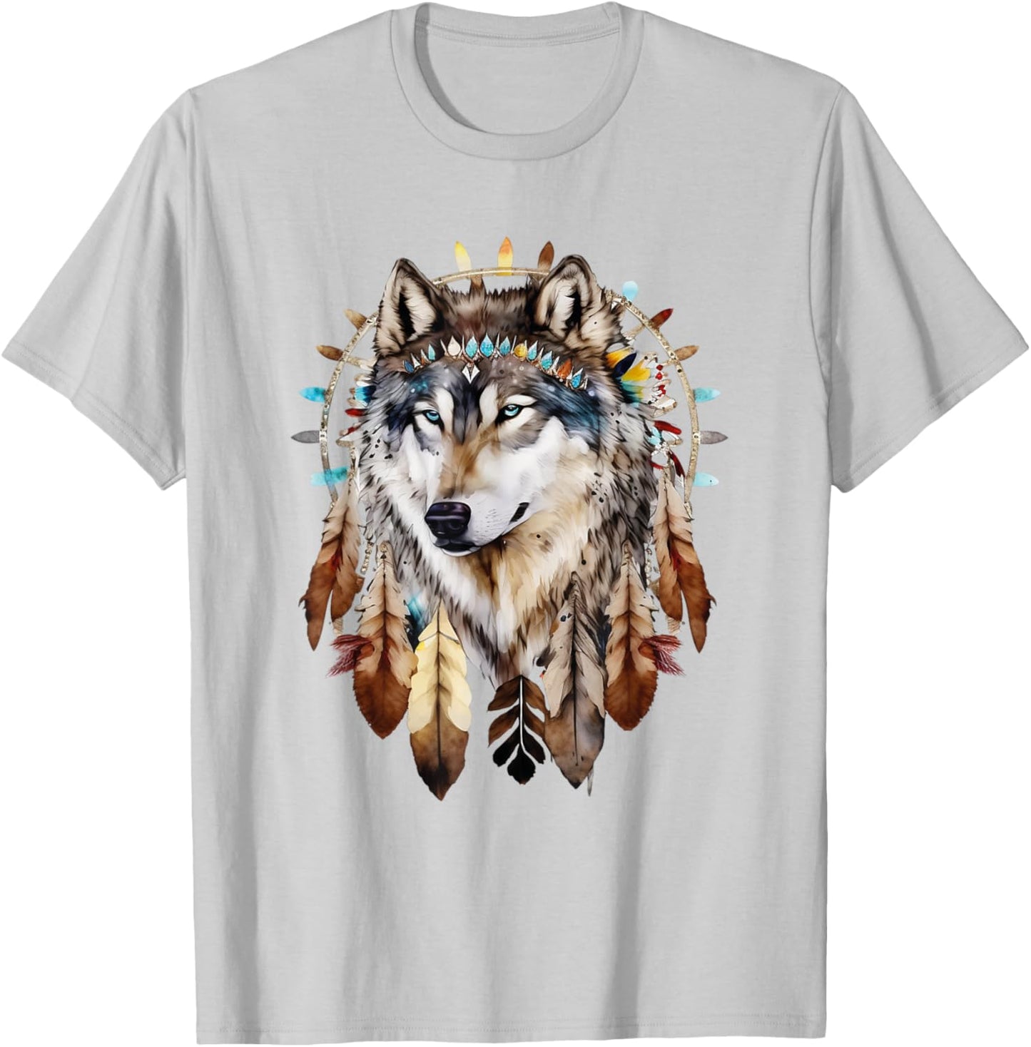 Native American Boho Dreamcatcher Tribe Wolf T-Shirt - T-Shirt | Ash