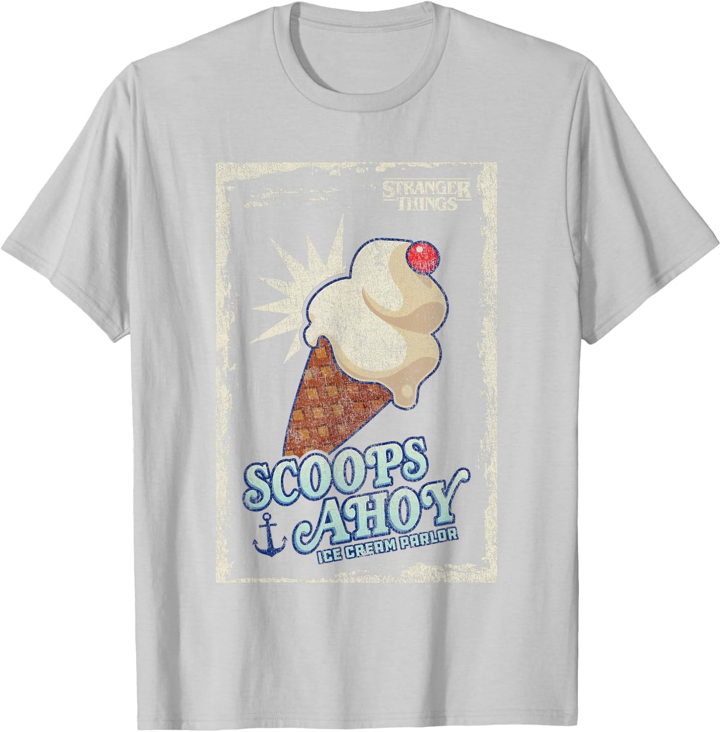 Stranger Things Scoops Ahoy Ice Cream Cone Vintage Poster T-Shirt - T-Shirt | Ash