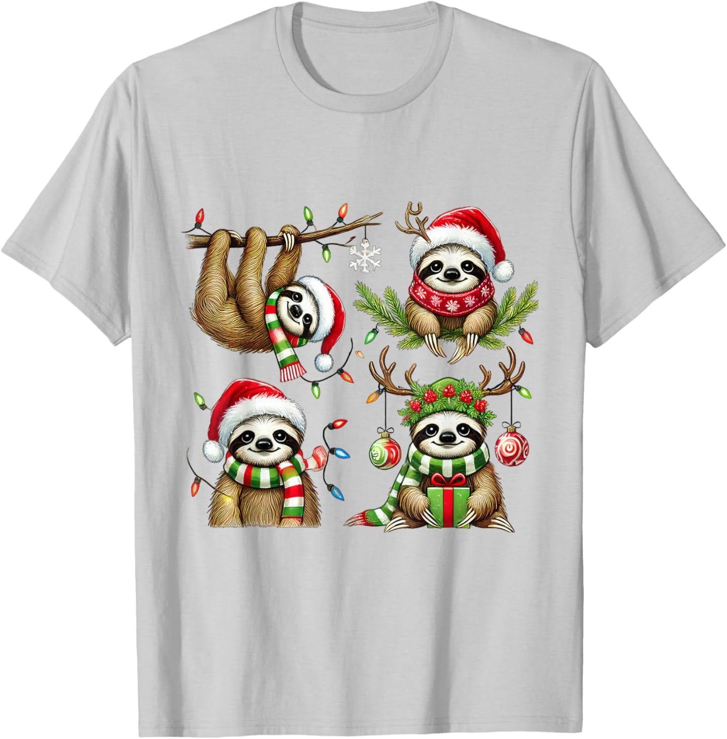 Santa Sloth Christmas Lights Funny Holiday Sloth Lover Gift T-Shirt - T-Shirt | Ash