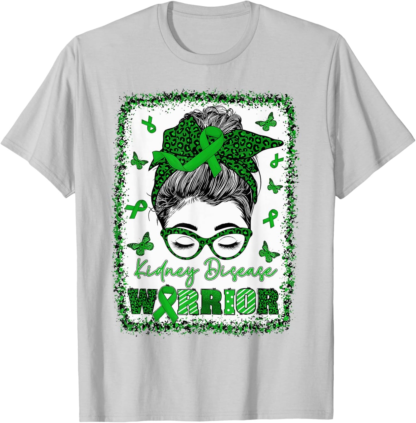 Messy Bun Bandana Woman Green Ribbon Kidney Disease Warrior T-Shirt - T-Shirt | Ash