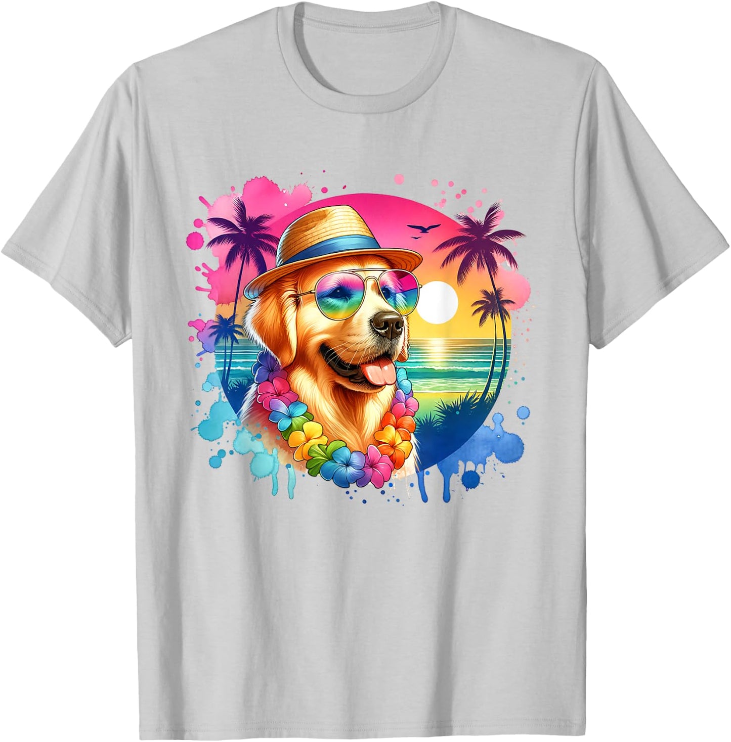 Hawaiian Golden Retriever Dog Watercolor Tropical Summer Men Women Girls Kids T-Shirt - T-Shirt | Ash