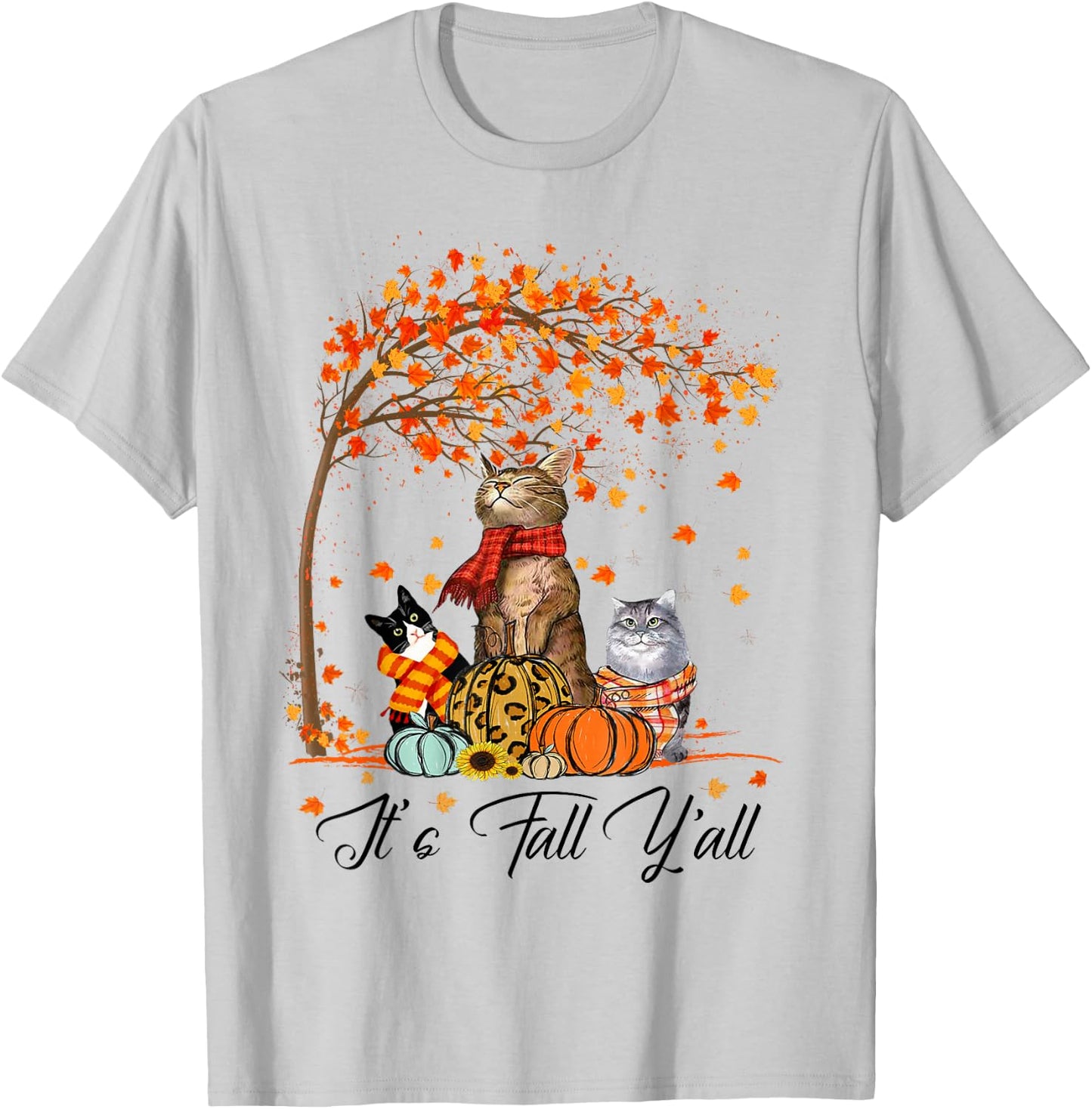 Cat It’s Fall Y’all Pumpkins Autumn Halloween Cat Fall Gifts T-Shirt - T-Shirt | Ash