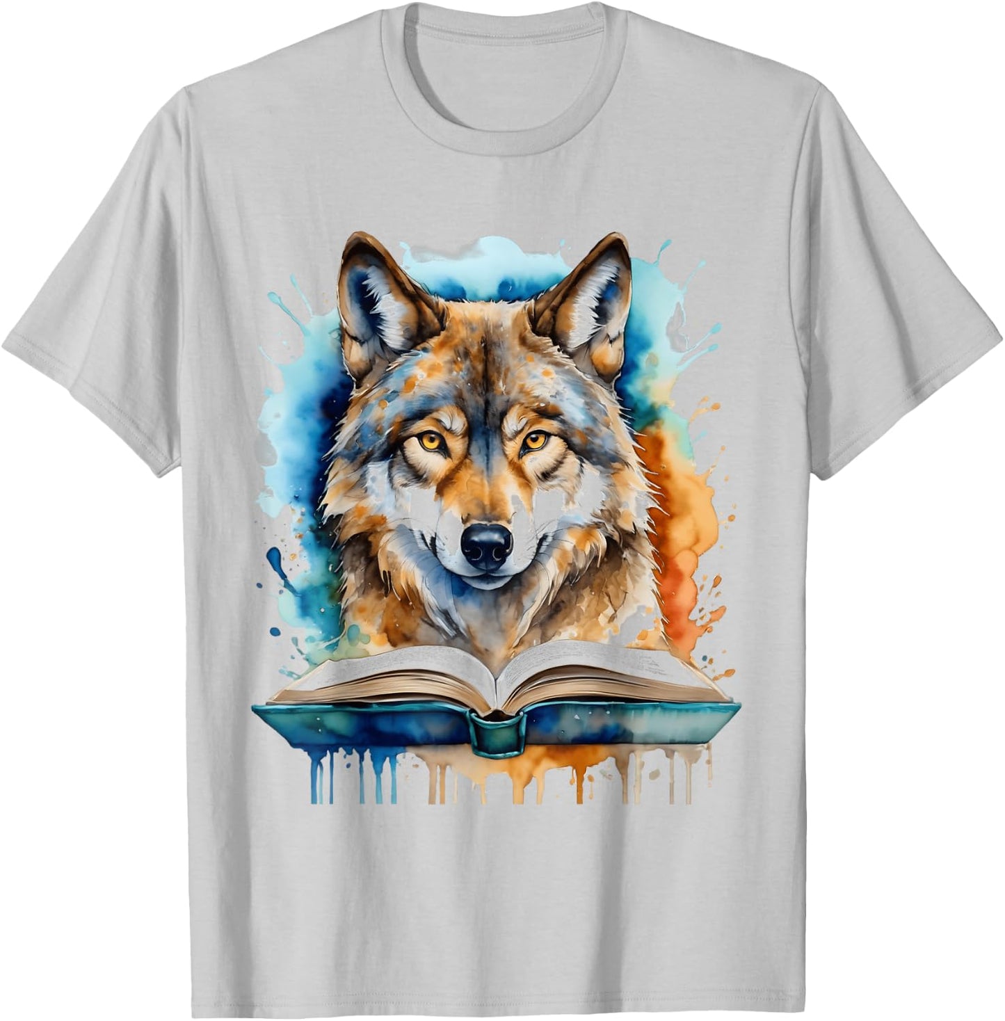 Wolf Reading Book Colorful Animal Art Print Graphic T-Shirt - T-Shirt | Ash