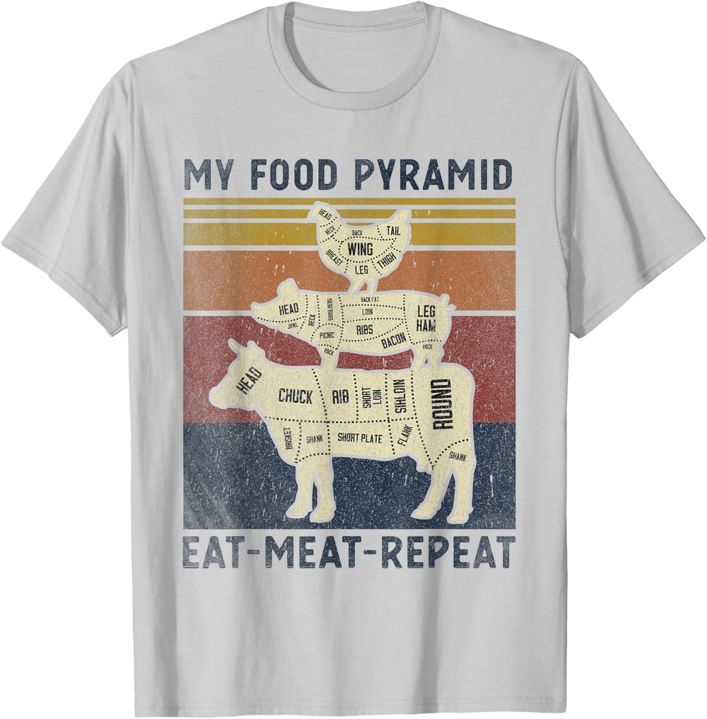 My Food Pyramid Eat Meat Repeat Retro Vintage Funny BBQ Joke T-Shirt - T-Shirt | Ash