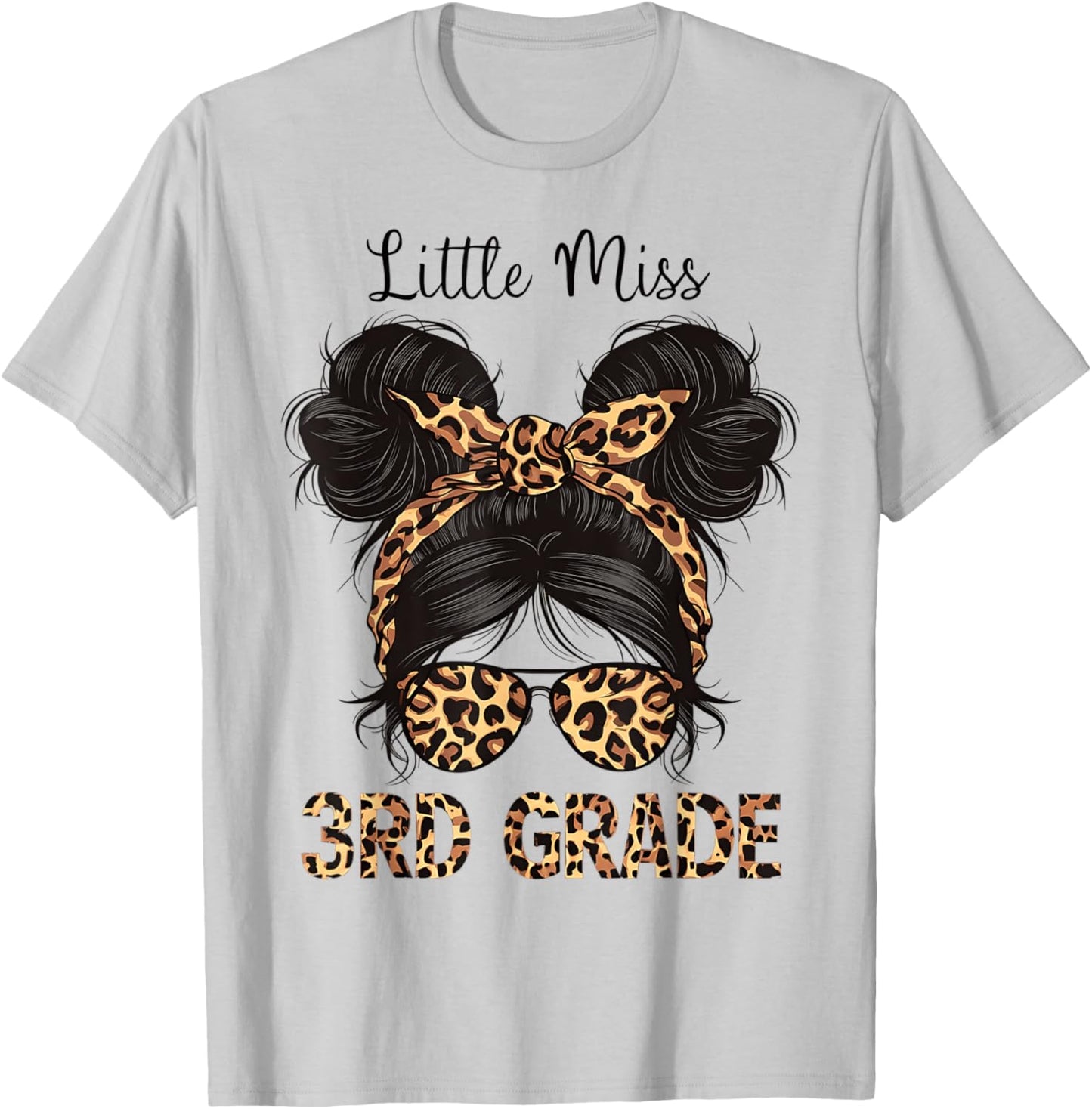 Hello 3rd Grade Messy Hair Bun Girl Leopard Back To School T-Shirt - T-Shirt | Ash