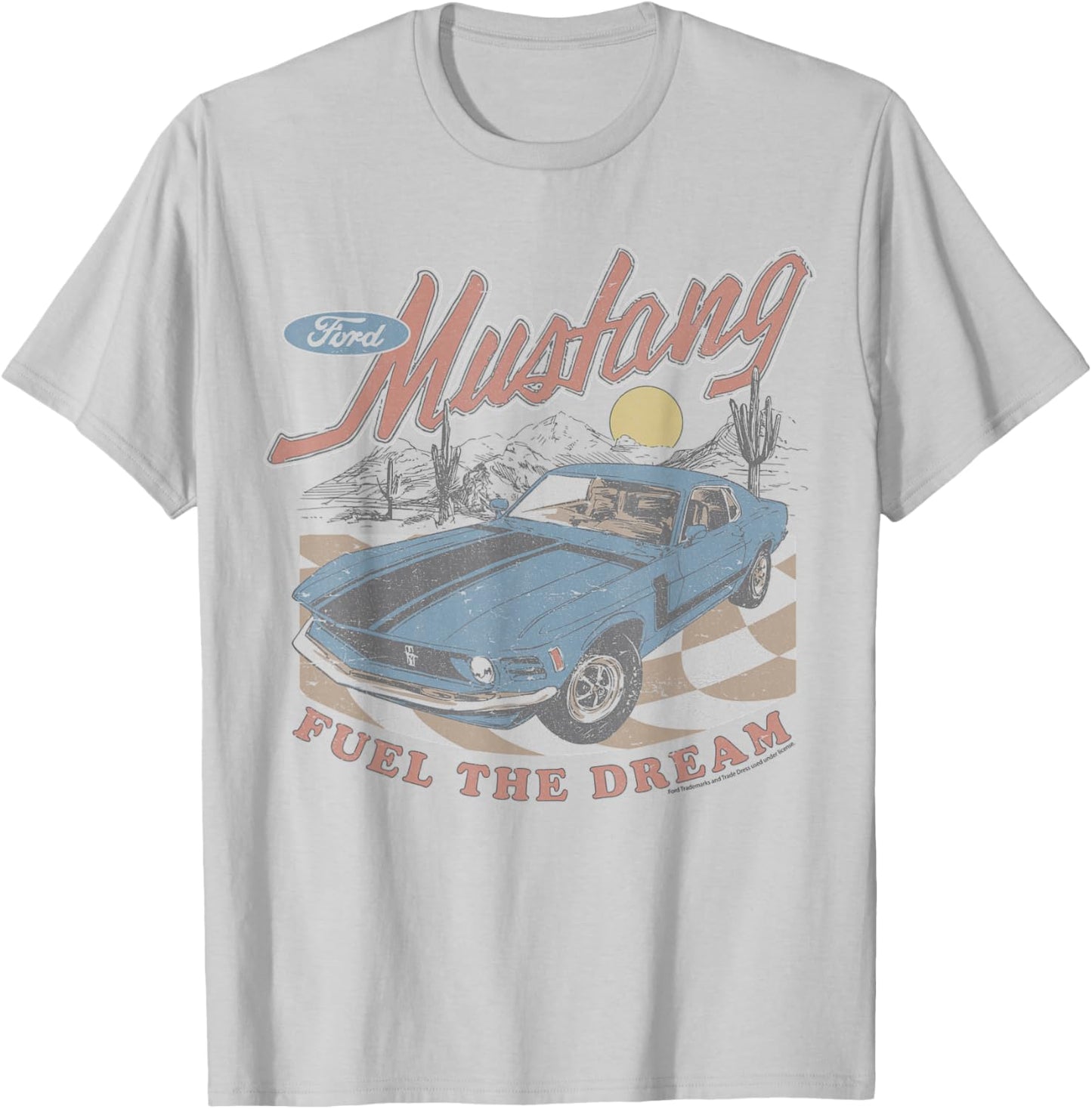 Ford - Mustang Fuel The Dream Blue Car In Desert Landscape T-Shirt - T-Shirt | Ash