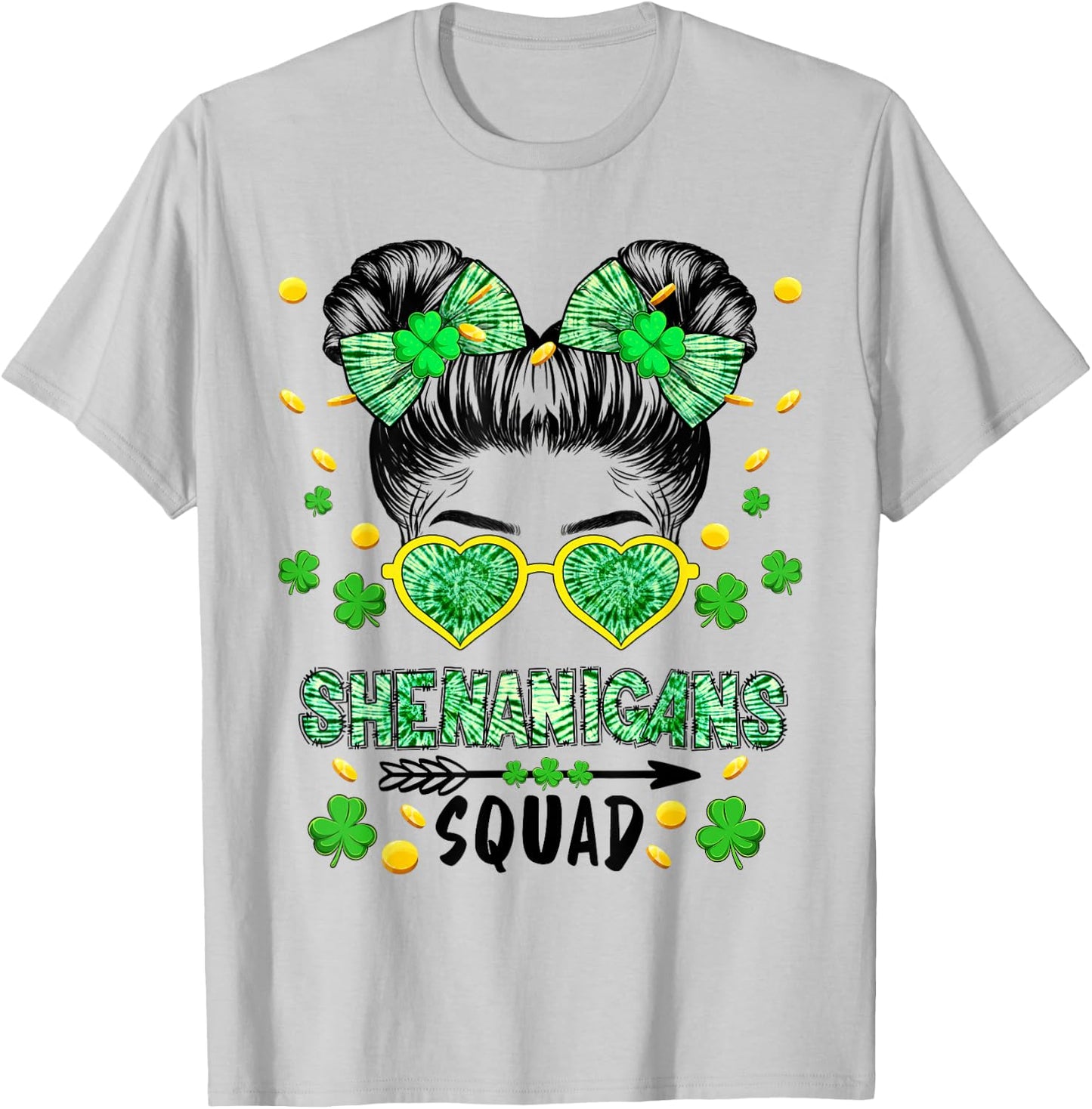 Shenanigans Squad Messy Bun St Patricks Day Girls T-Shirt - T-Shirt | Ash