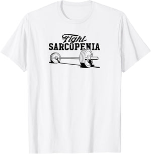 Fight Sarcopenia Barbell for Baby Boomers Exercise Scientist T-Shirt - T-Shirt | White