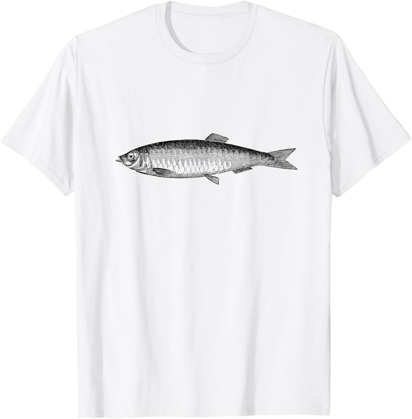 The New Antique Vintage Herring Fish Print - -Adults, Grey, Small, Short Sleeve, Classic Fit T-Shirt - T-Shirt | White