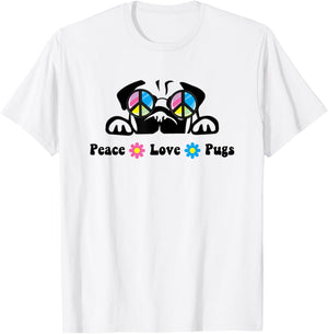 Cute Peace Love Pug Sunglasses Hippie Peace Sign T-Shirt - T-Shirt | White