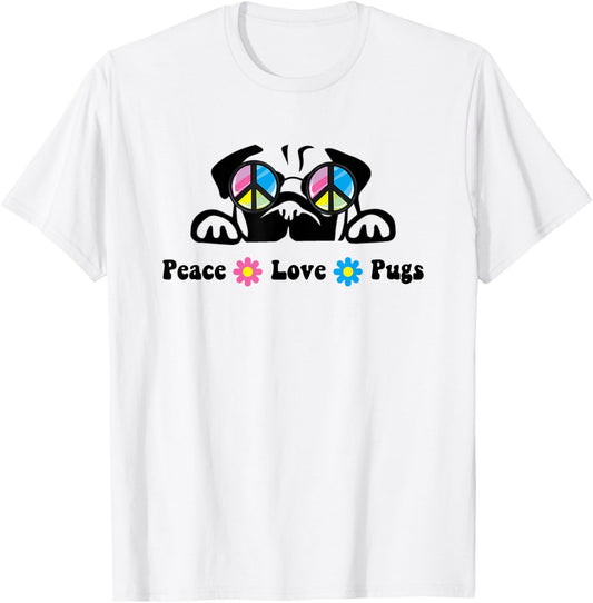 Cute Peace Love Pug Sunglasses Hippie Peace Sign T-Shirt - T-Shirt | White