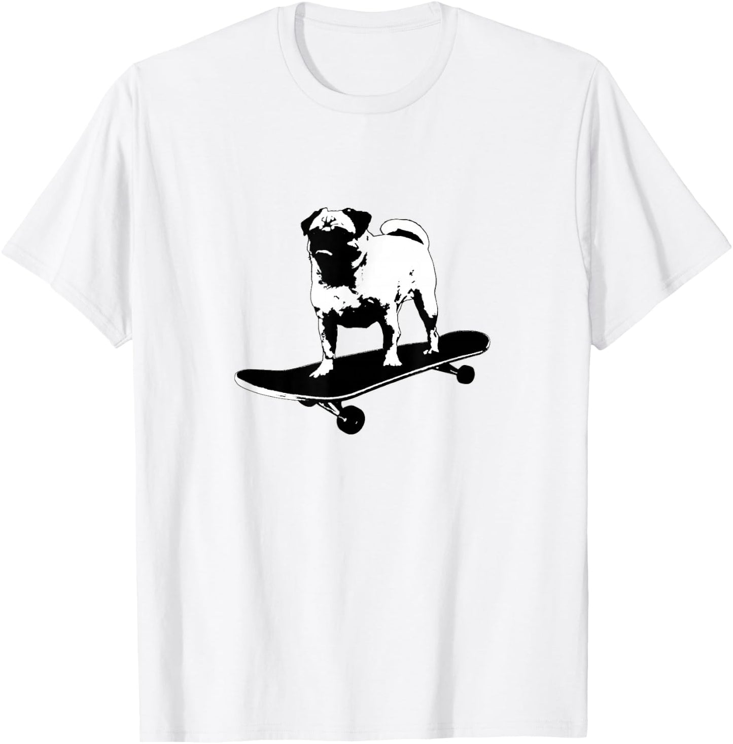 Pug on a Skateboard Black & White Lithograph Style Funny Dog Men Women Girls Kids T-Shirt - T-Shirt | White