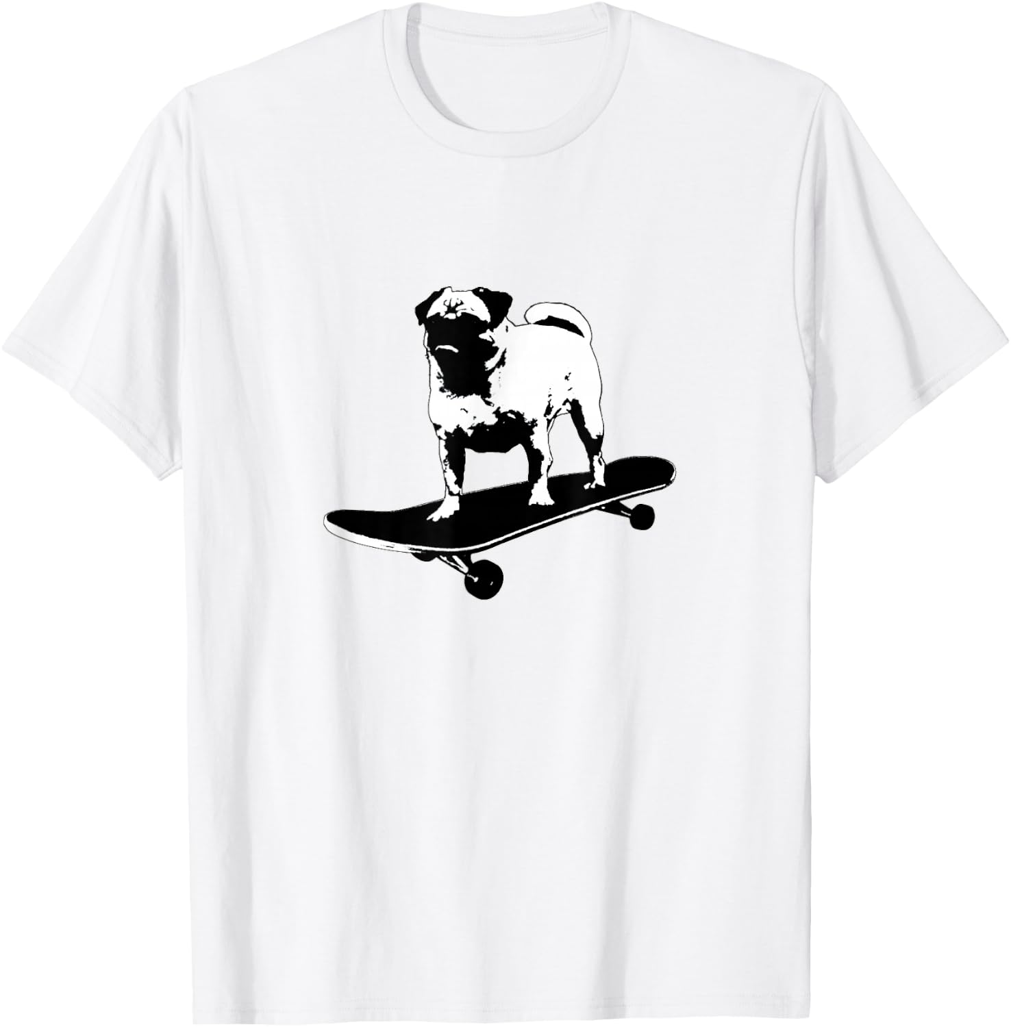Pug on a Skateboard Black & White Lithograph Style Funny Dog Men Women Girls Kids T-Shirt - T-Shirt | White