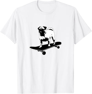 Pug on a Skateboard Black & White Lithograph Style Funny Dog Men Women Girls Kids T-Shirt - T-Shirt | White