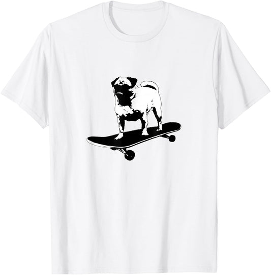 Pug on a Skateboard Black & White Lithograph Style Funny Dog Men Women Girls Kids T-Shirt - T-Shirt | White