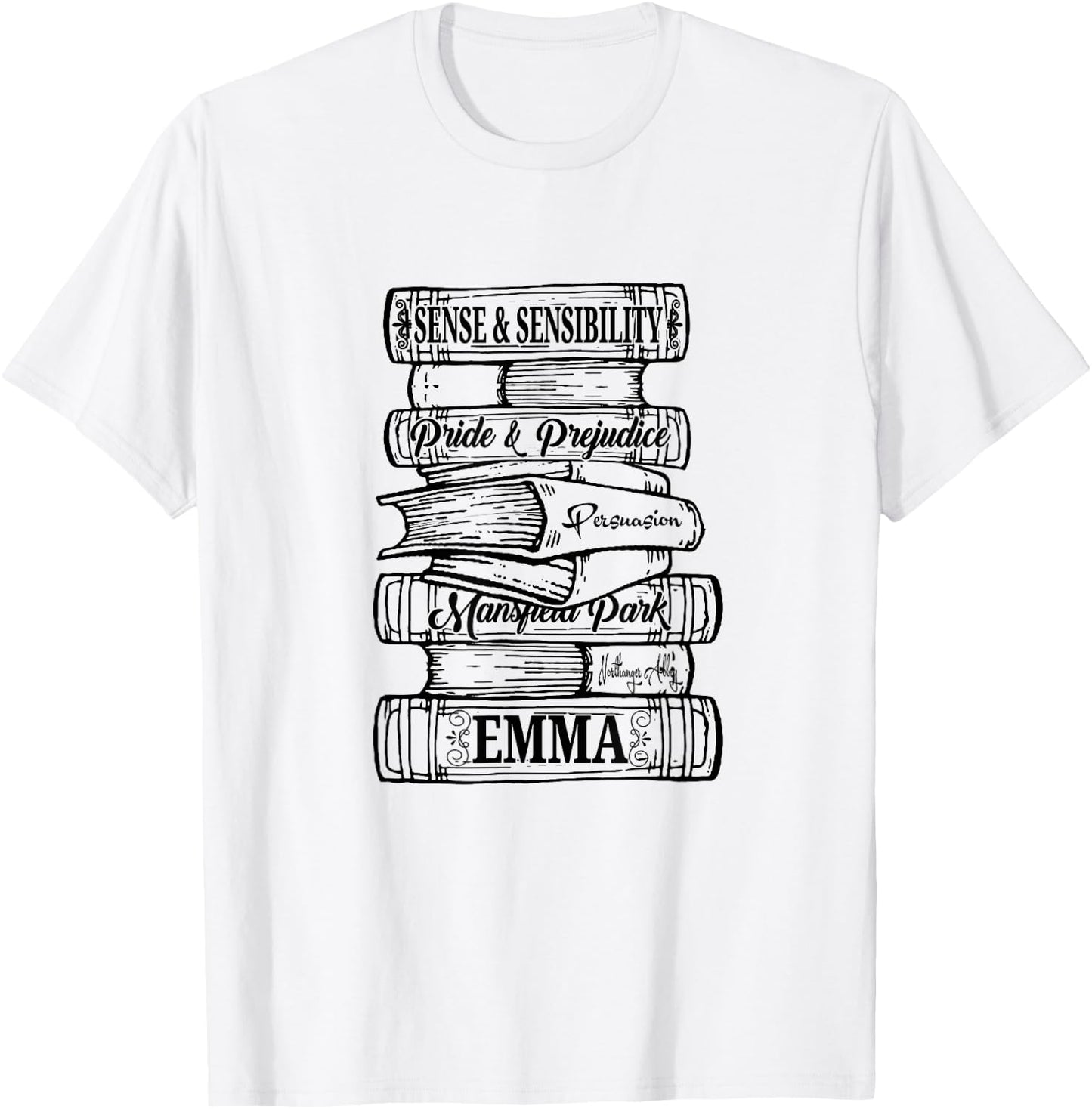 Jane Austen Pride and Prejudice & Mr. Darcy Book Stack Fans T-Shirt - T-Shirt | White
