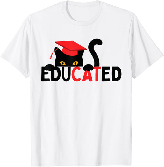 Educated Cat in Graduation Cap Funny Grad T-Shirt - T-Shirt | White