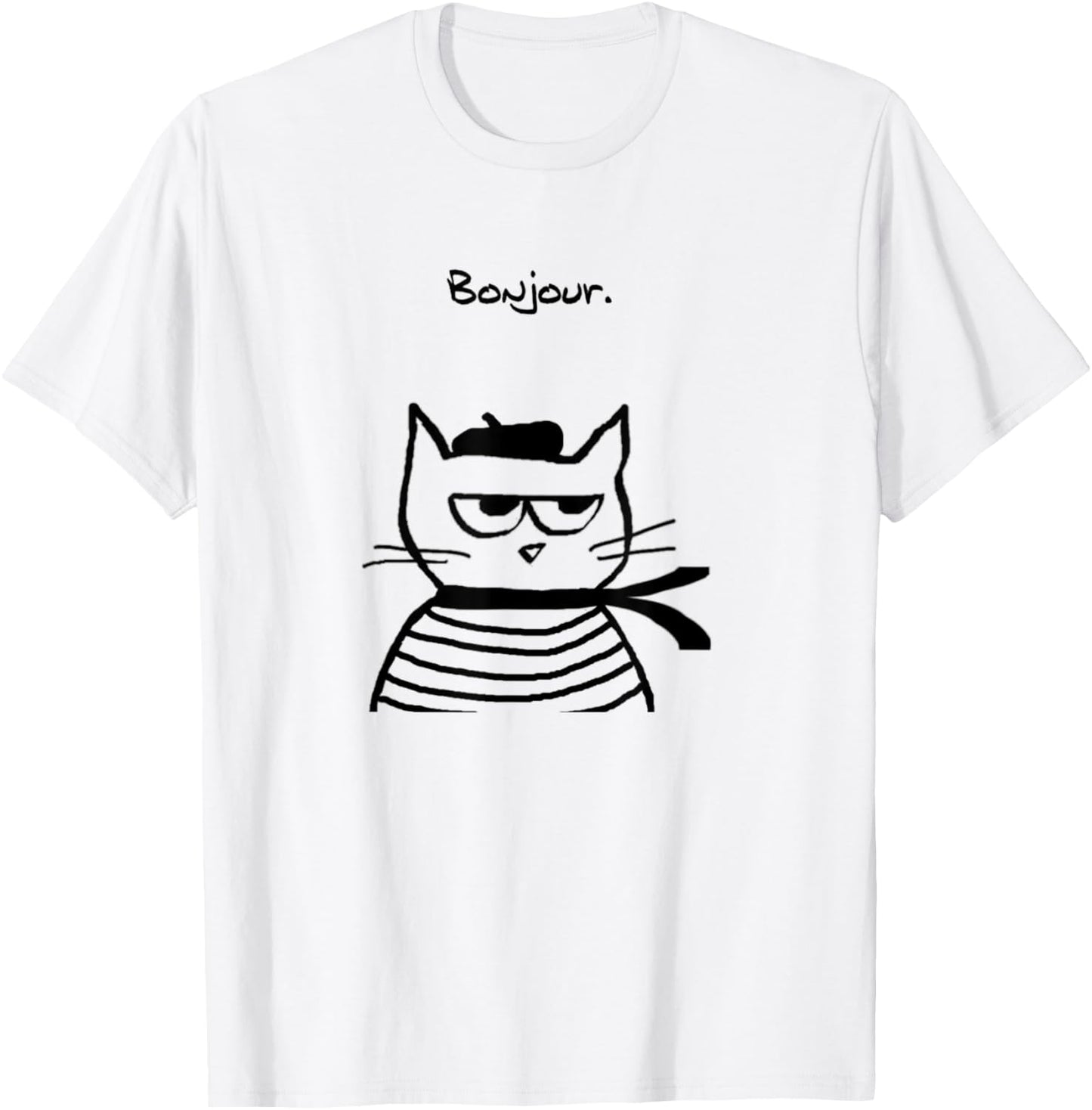 Bonjour French Cat Funny T-Shirt - T-Shirt | White
