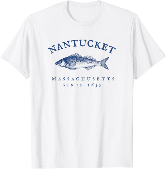 Retro Nantucket Massachusetts Fishing T-Shirt - T-Shirt | White