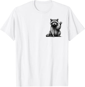 Cute Waving Raccoon in Drawing Style on Chest T-Shirt - T-Shirt | White