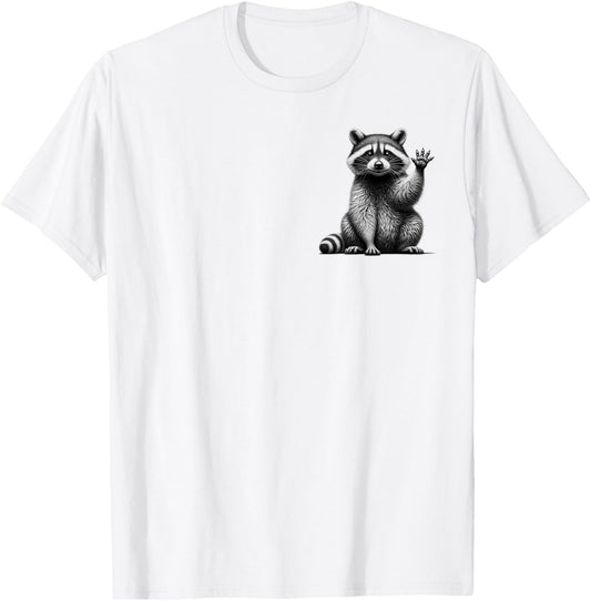 Cute Waving Raccoon in Drawing Style on Chest T-Shirt - T-Shirt | White