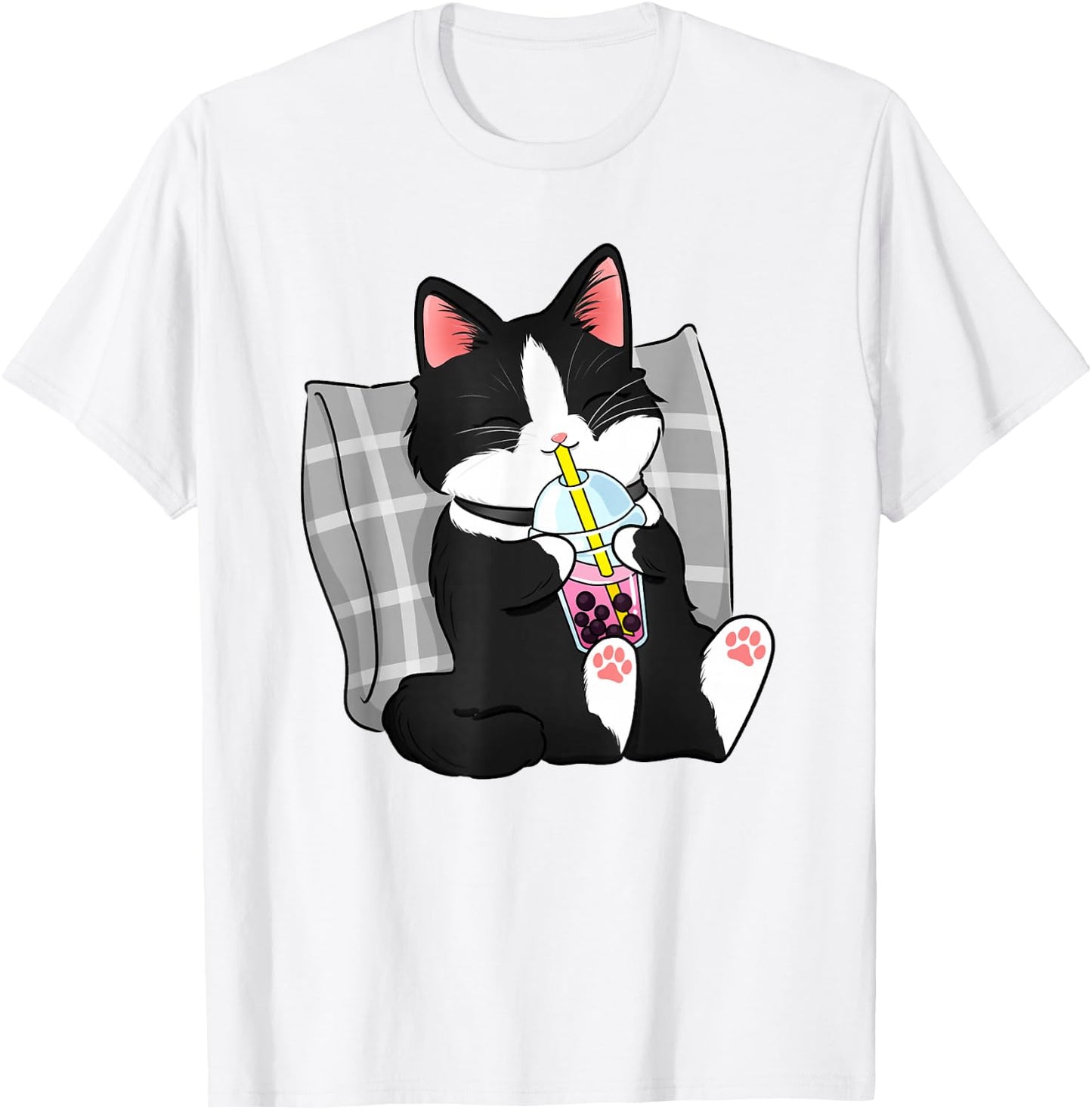 Tuxedo Cat Illustration Drinking Boba Milk Tea Design T-Shirt - T-Shirt | White