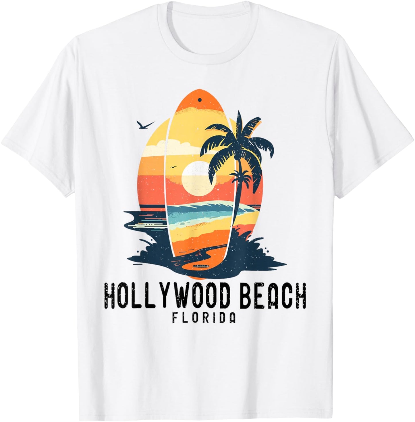 Retro Hollywood Beach Florida Surfboard Waves Beach T-Shirt - T-Shirt | White