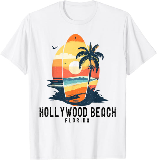 Retro Hollywood Beach Florida Surfboard Waves Beach T-Shirt - T-Shirt | White