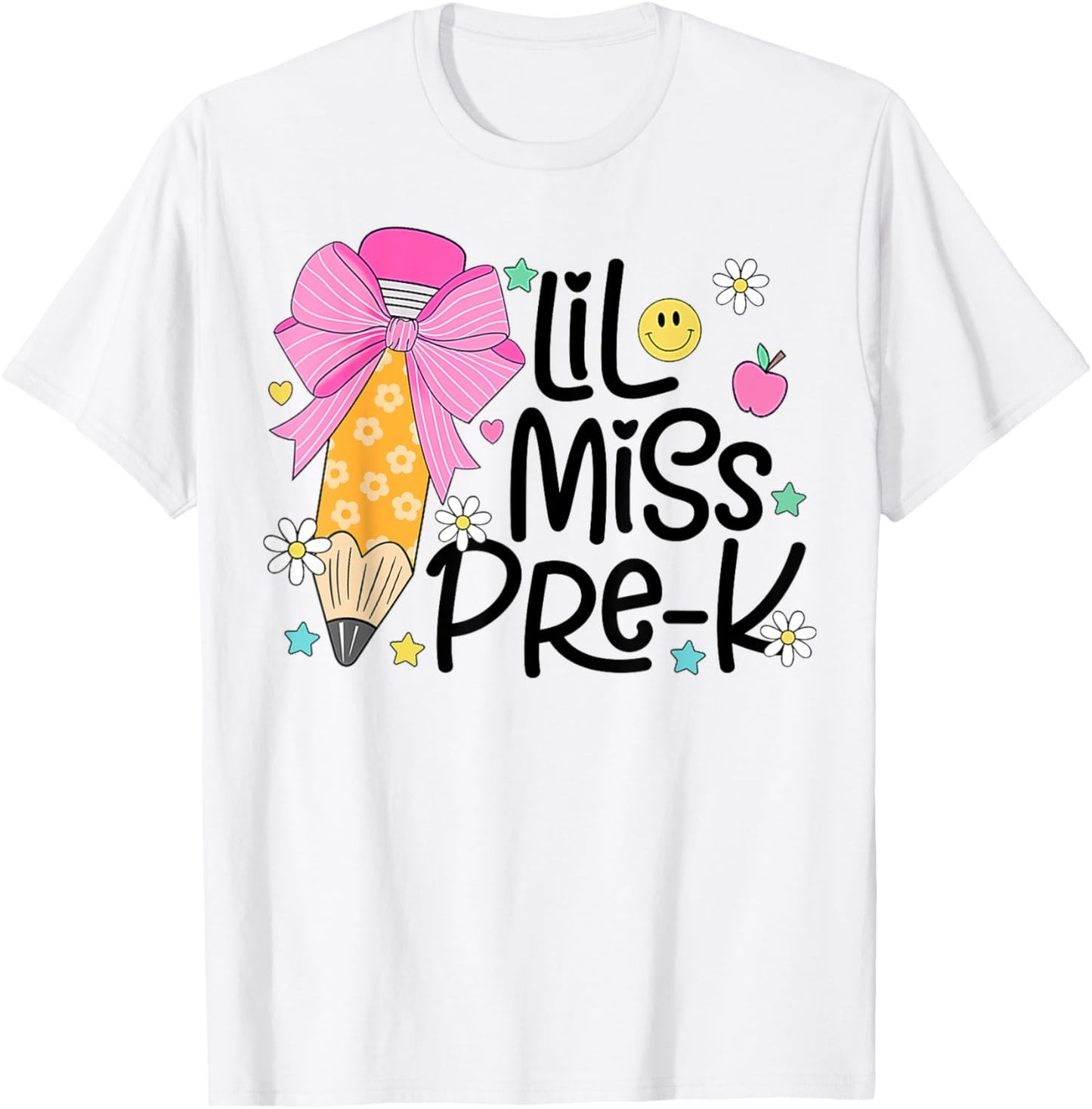 Little Miss Pre-K Kids Girls Pencil Bow First Day Of School T-Shirt - T-Shirt | White