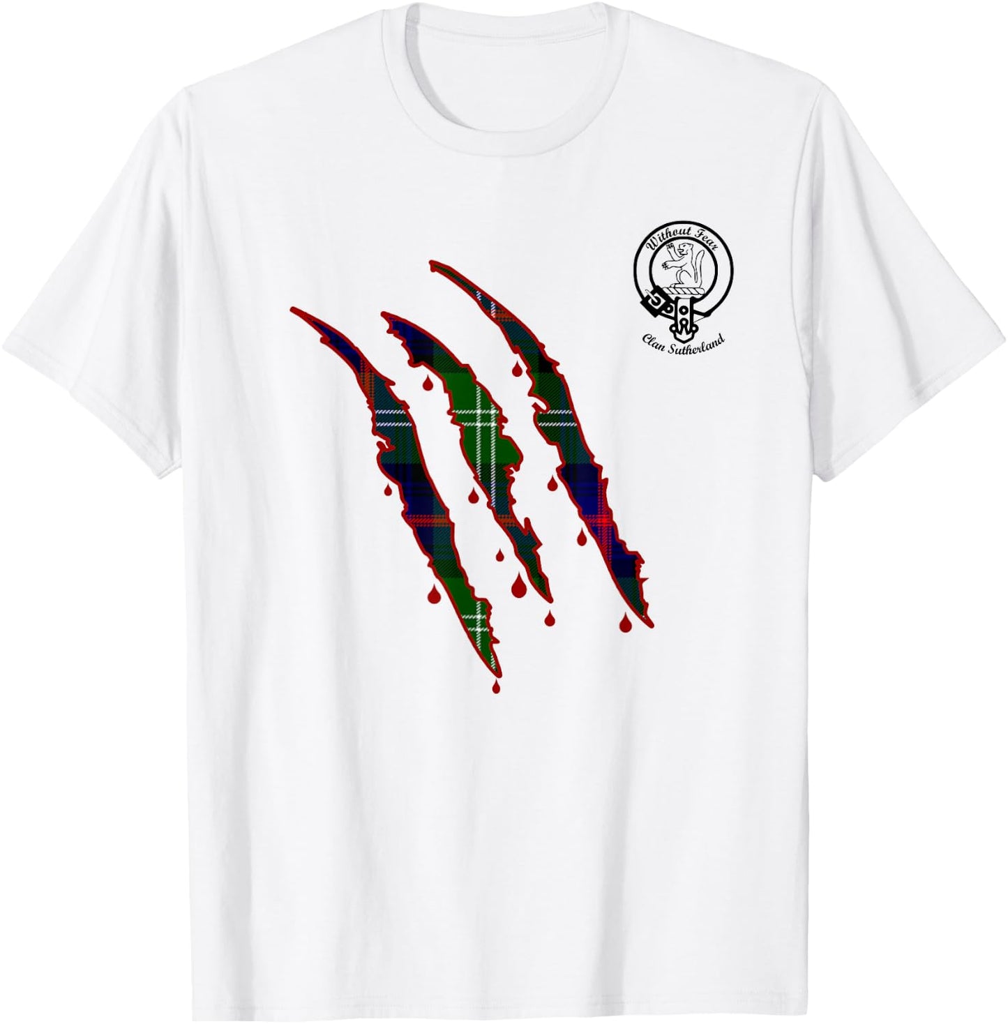 Clan Sutherland Claw Marks Surname Tartan Crest T-Shirt - T-Shirt | White