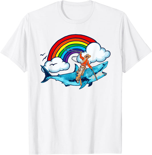 Shark Lover Rodeo Cowboy Riding Great White Rainbow Funny T-Shirt - T-Shirt | White