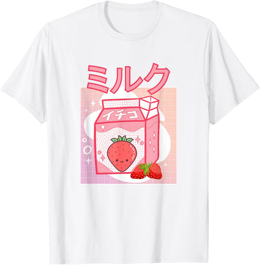 Cute Pink Strawberry Milk Japanese Kawaii Retro 90s Anime T-Shirt - T-Shirt | White