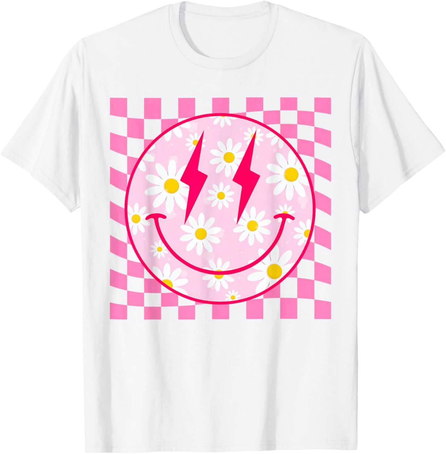 Retro Happy Smile Face Pink Daisy Flower Checkered Pattern T-Shirt - T-Shirt | White