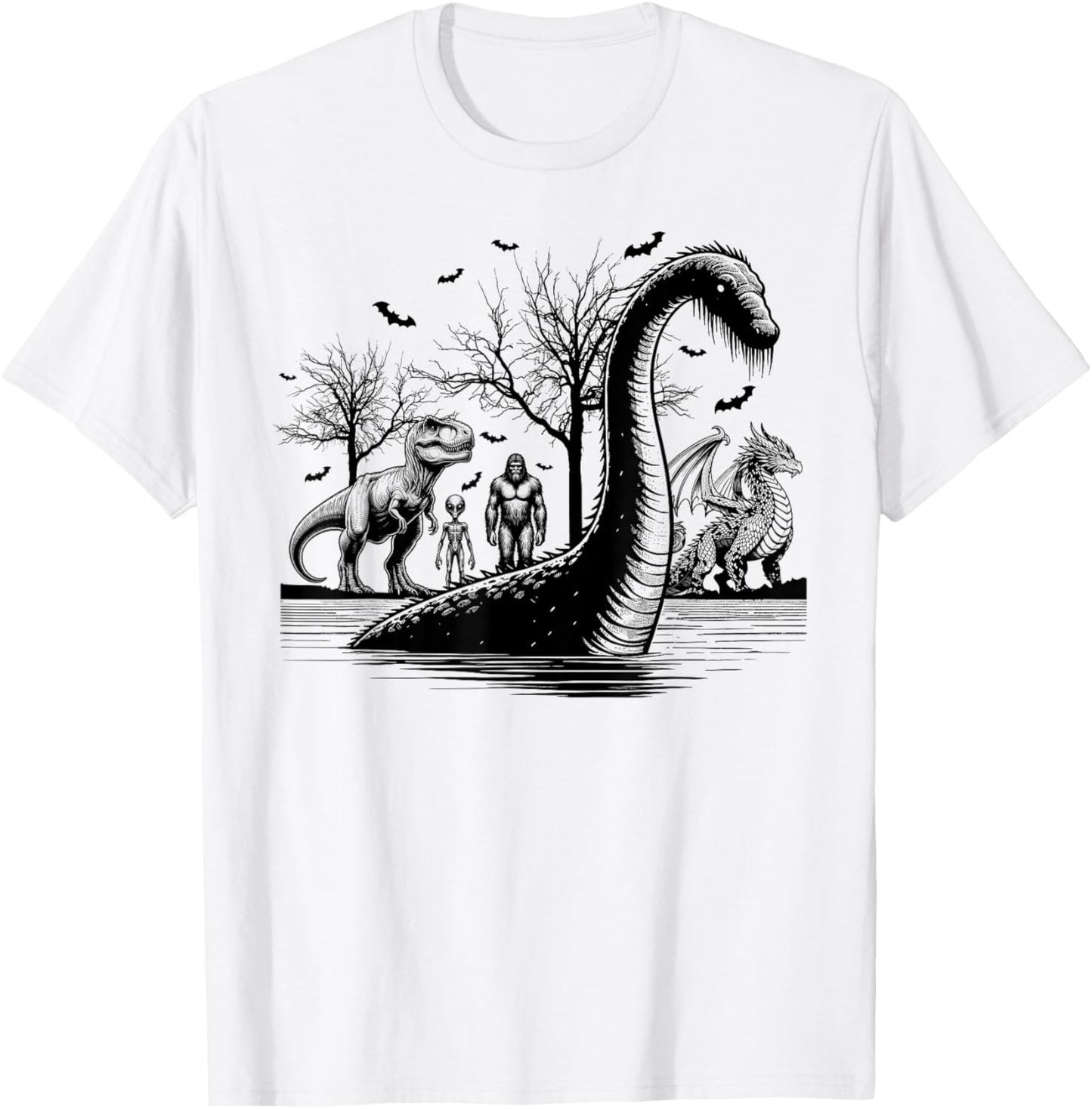 Halloween party bigfoot alien meet loch Ness dragon spooky T-Shirt - T-Shirt | White