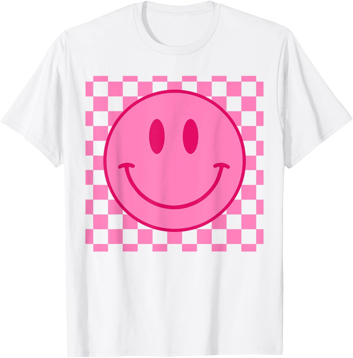 Retro Happy Face Shirt Checkered Pattern Smile Face Trendy T-Shirt - T-Shirt | White