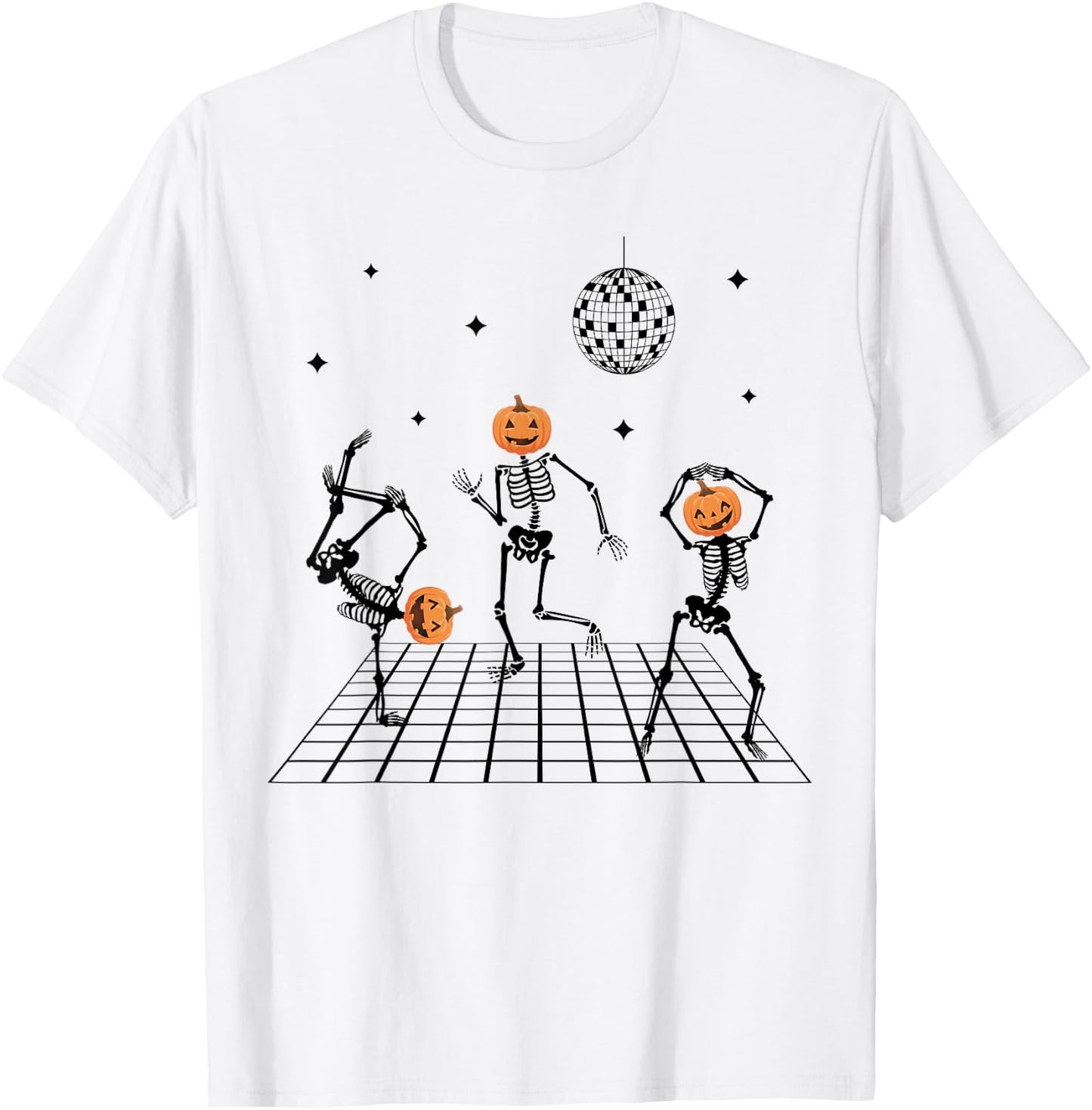 Skeletons with Pumpkin Heads Dancing & disco ball Halloween T-Shirt - T-Shirt | White