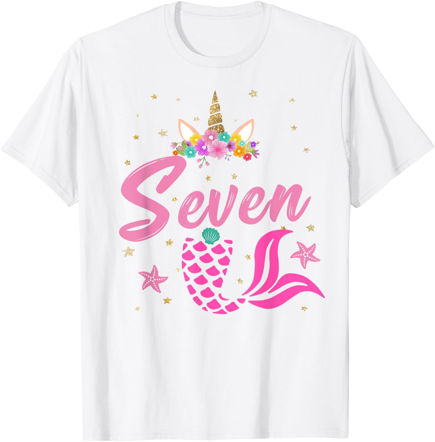 7th Birthday Girl Unicorn Shirt Mermaid Tail 7 Years Old T-Shirt - T-Shirt | White