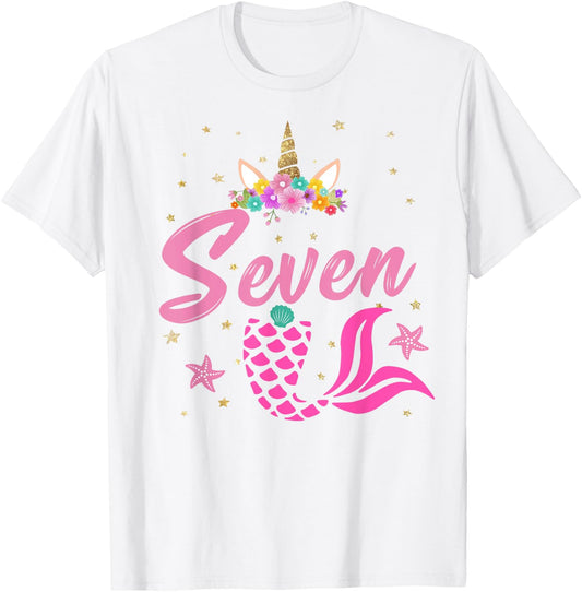 7th Birthday Girl Unicorn Shirt Mermaid Tail 7 Years Old T-Shirt - T-Shirt | White
