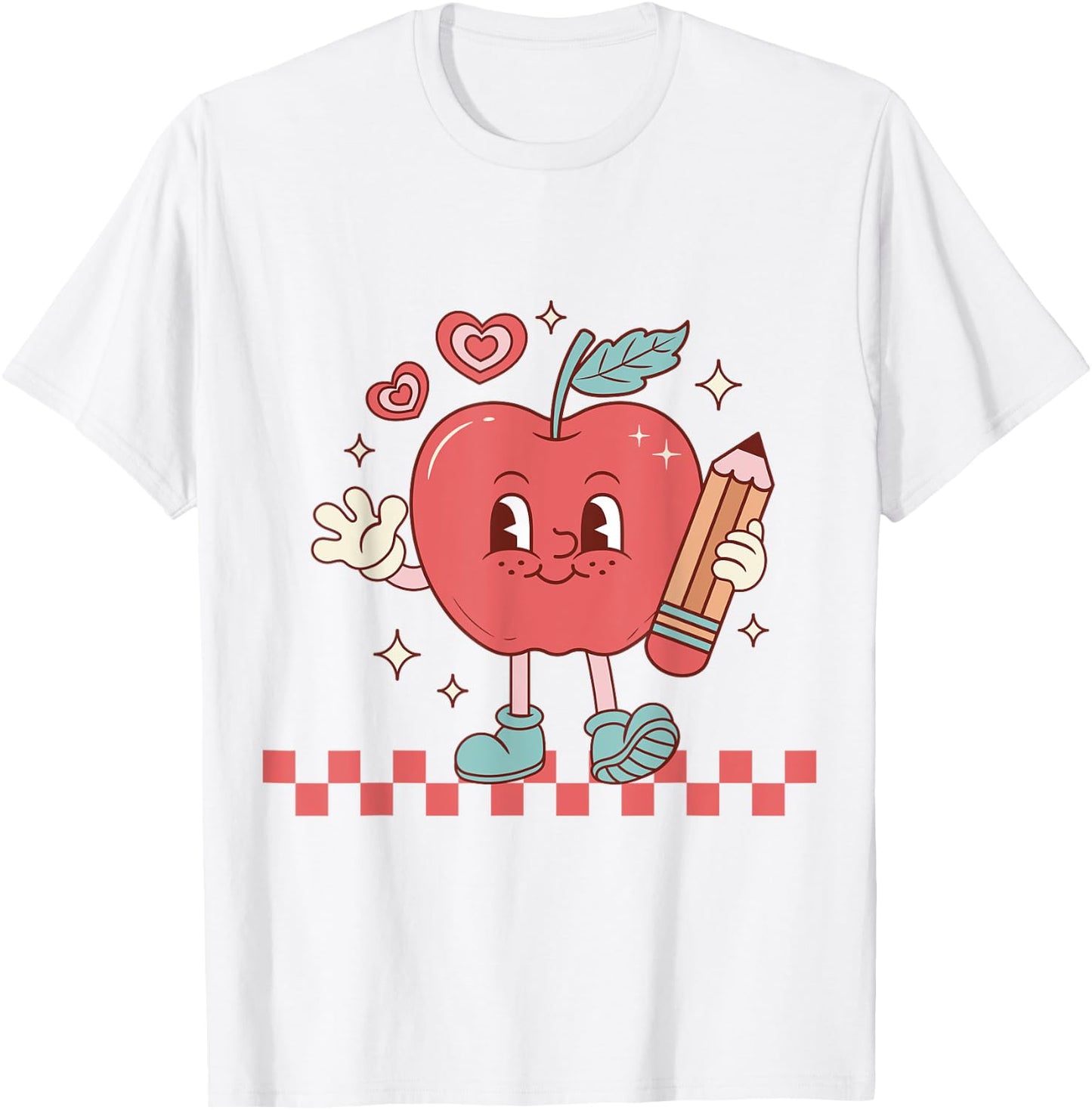 Cute Retro Checkered Apple with Face Teacher Pencil Trendy T-Shirt - T-Shirt | White