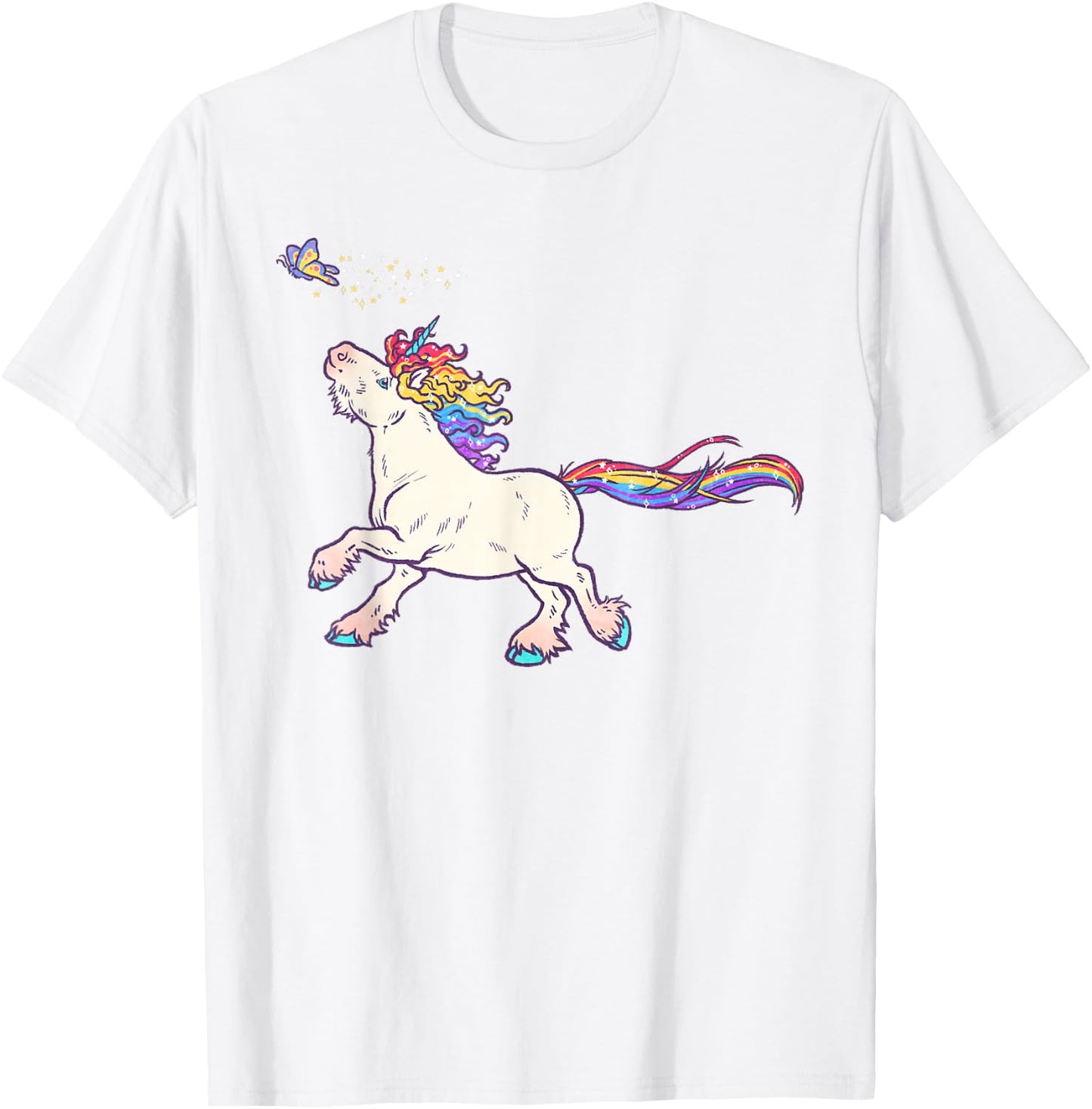 Cute Rainbow Unicorn Chasing Butterfly T-Shirt - T-Shirt | White