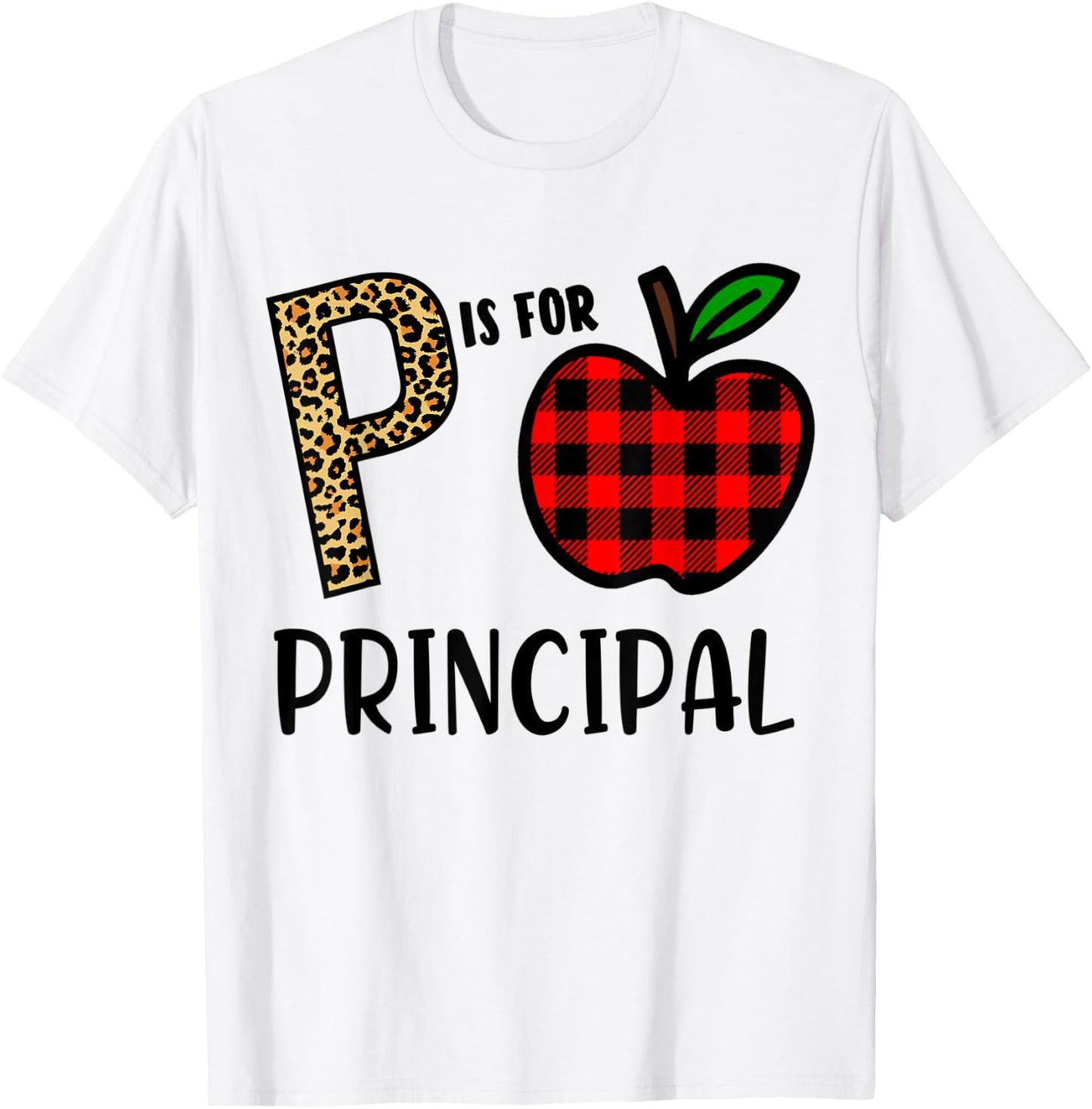 P is for Principal Leopard Buffalo Plaid T-Shirt - T-Shirt | White