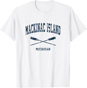 Mackinac Island Michigan Vintage Nautical Crossed Oars Navy T-Shirt - T-Shirt | White