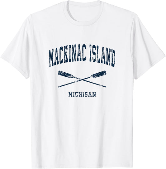 Mackinac Island Michigan Vintage Nautical Crossed Oars Navy T-Shirt - T-Shirt | White