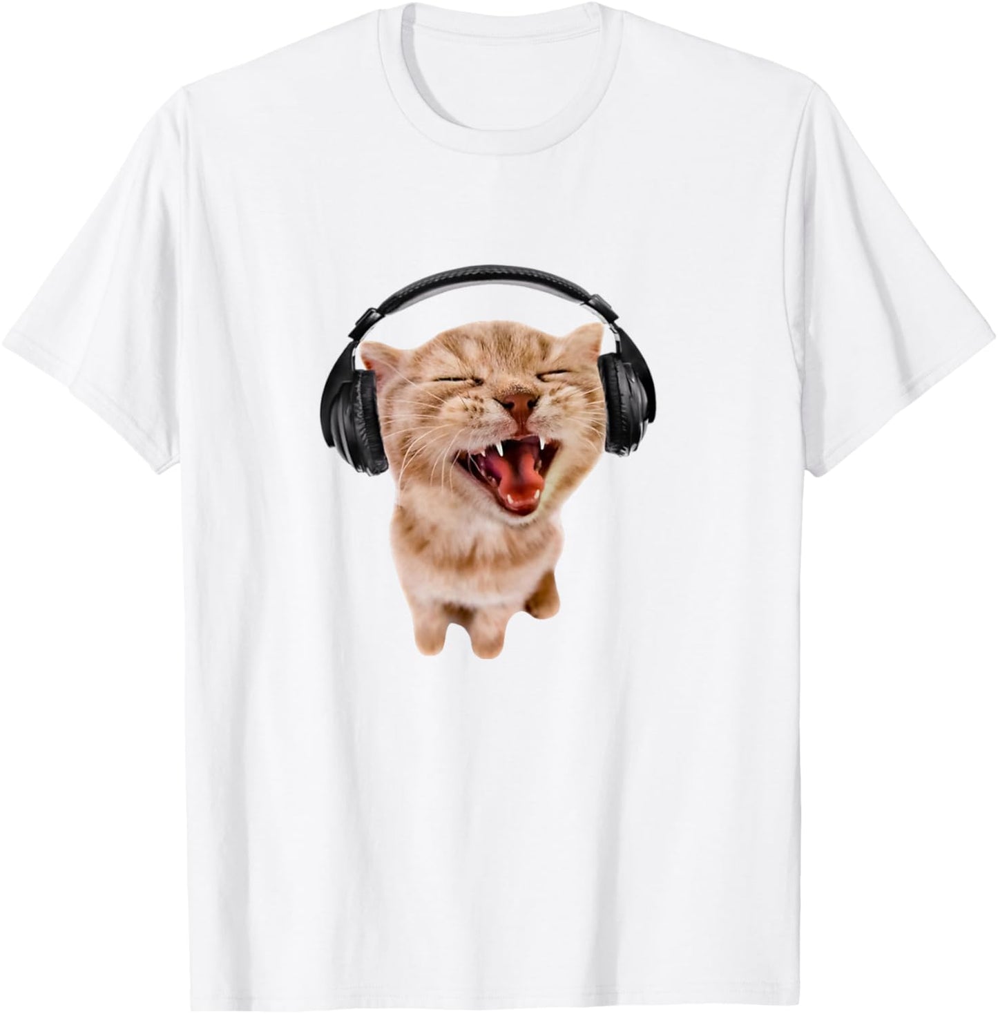 Silly Cat with Headphones T-Shirt - T-Shirt | White