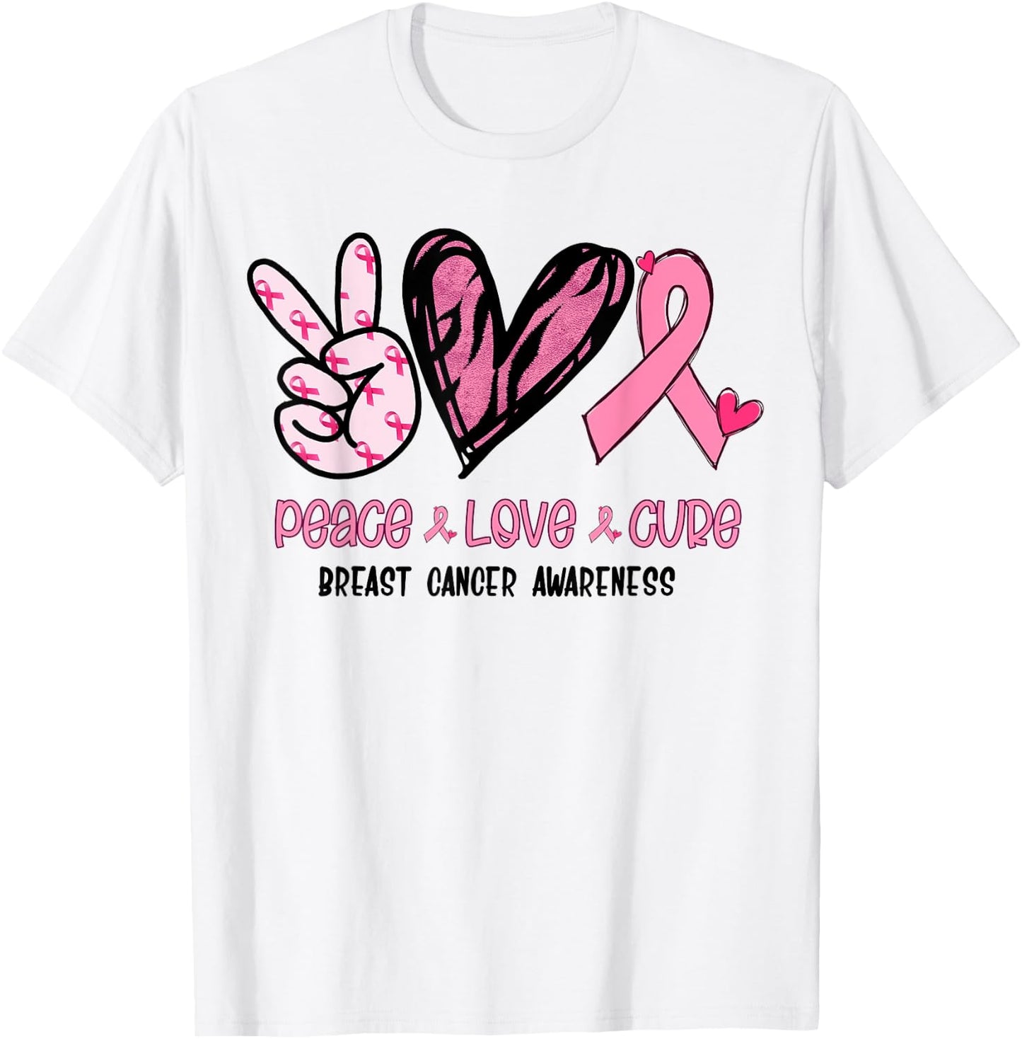 Breast Cancer Peace Love Cure In October We Wear Pink Ribbon T-Shirt - T-Shirt | White
