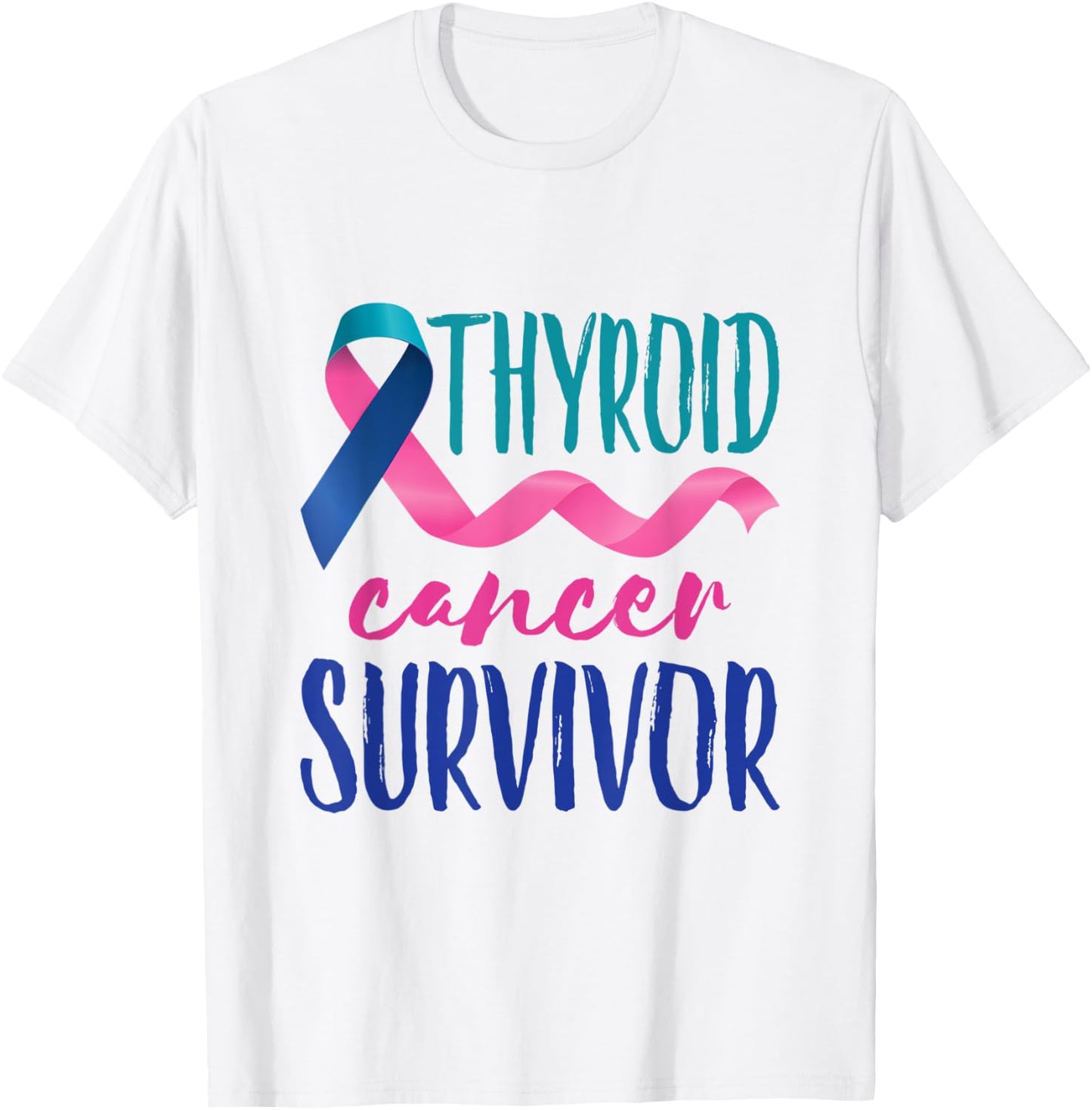 Thyroid Cancer Survivor Awareness Ribbon Teal Blue Pink T-Shirt - T-Shirt | White