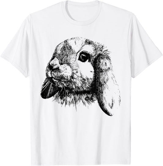 Rabbit Bunny Realistic Drawing , Graphic Lop Eared Bunny T-Shirt - T-Shirt | White